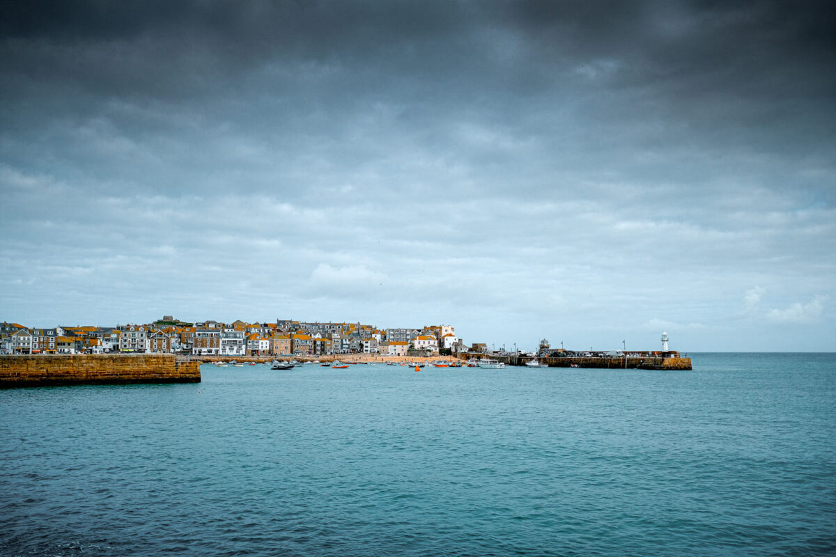 St Ives Harbour with a cloudy sky.